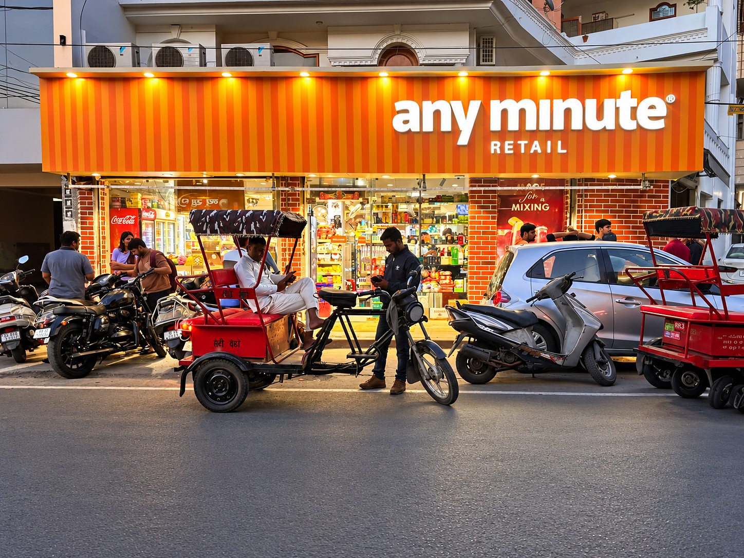 The Any Minute Retail supermarket in Delhi, lit up in the evening